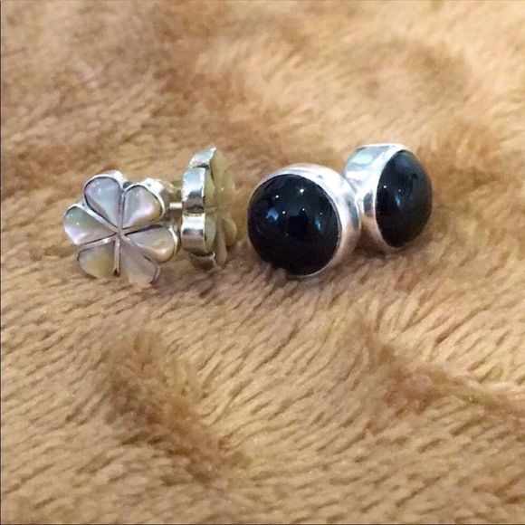 Sterling Silver Stud Bundle - Onyx Cabochon & Mother of Pearl Floral Inlay - Picture 5 of 11